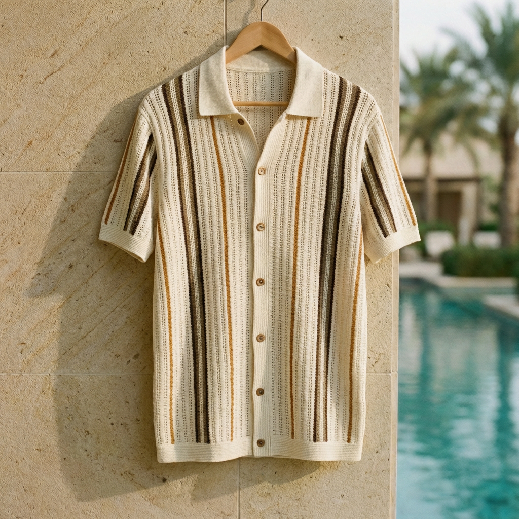 Men's Striped Cotton Knit Polo with Button Closure
