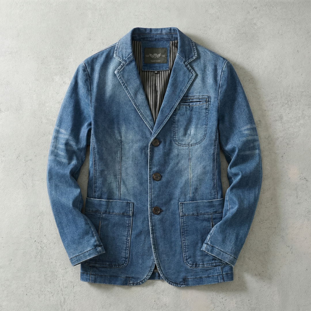 Men's Denim Tailored Blazer with Button Closure
