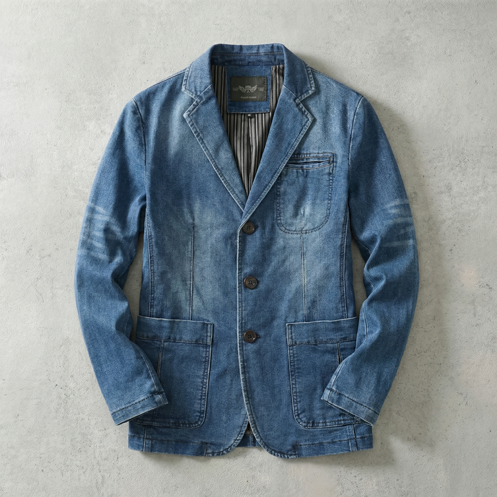 Men's Denim Tailored Blazer with Button Closure