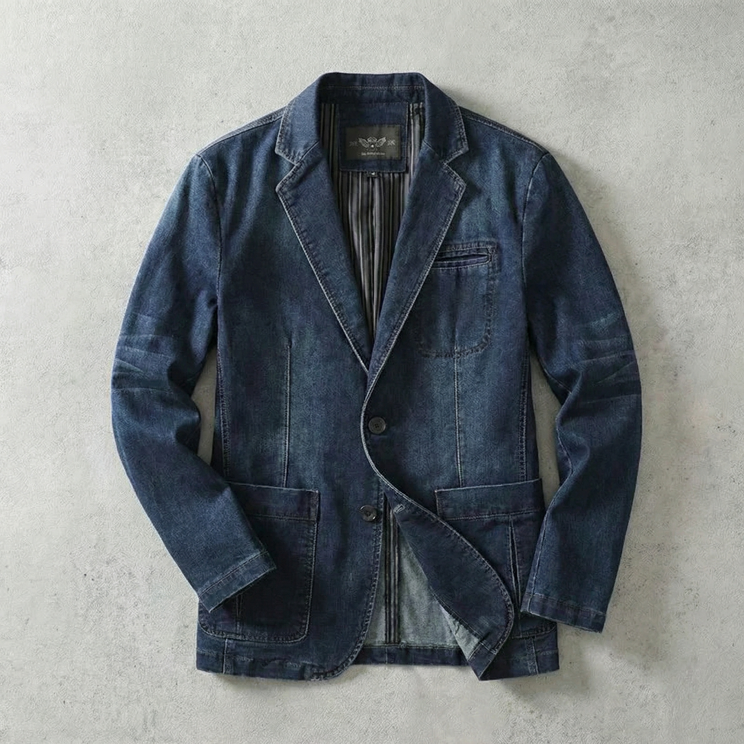 Men's Denim Tailored Blazer with Button Closure