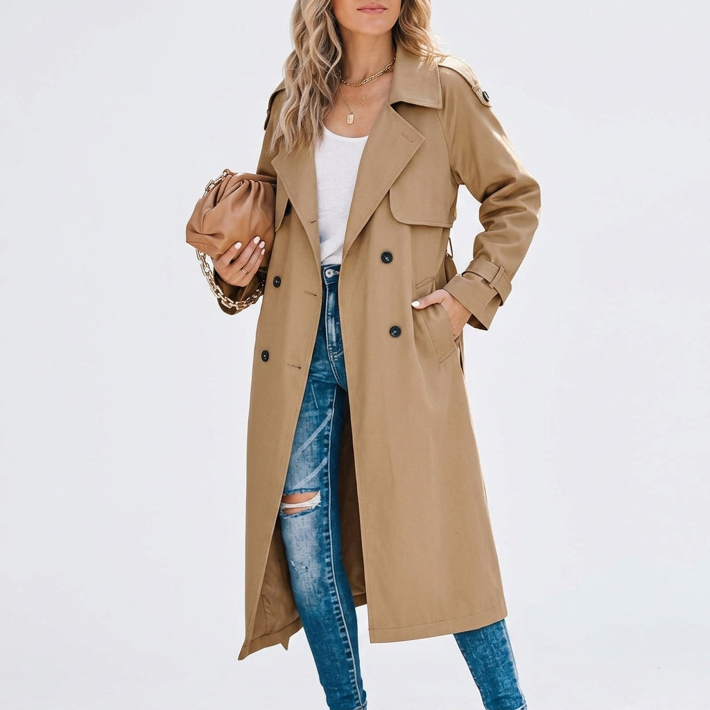 Women's Cotton Blend Double-Breasted Long Trench Coat