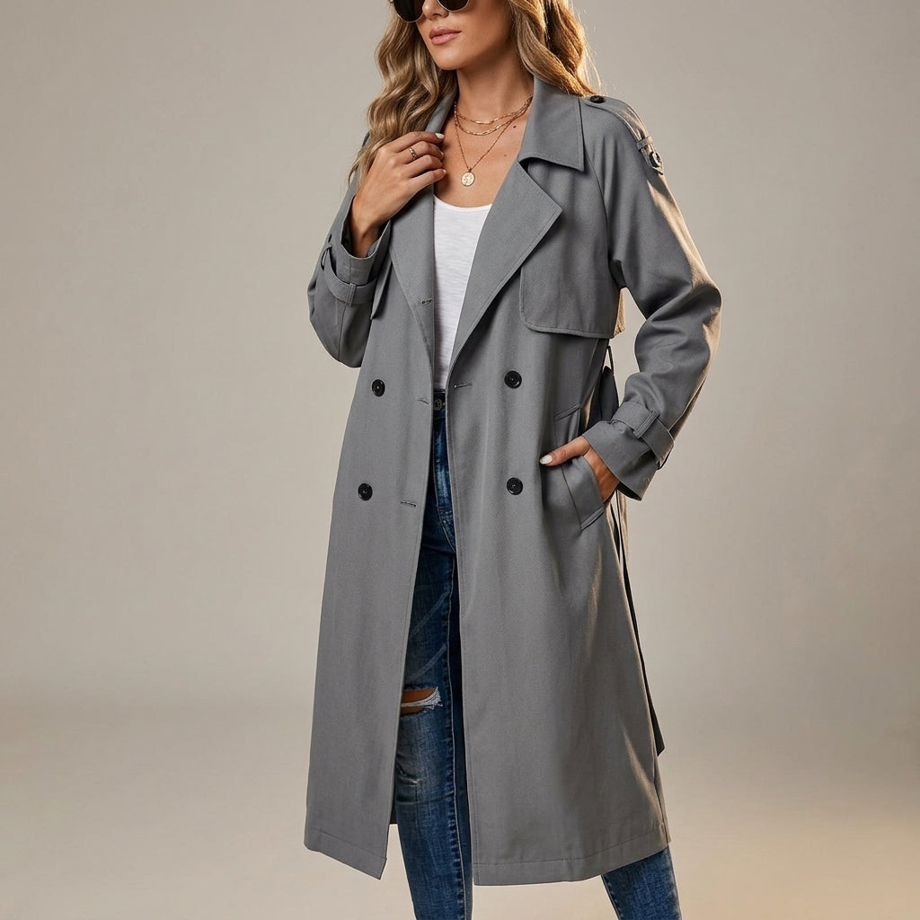 Women's Cotton Blend Double-Breasted Long Trench Coat