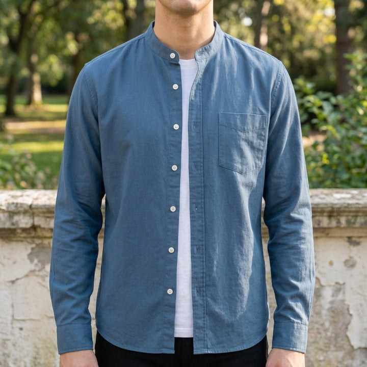 Men's Cotton Blend Band Collar Button-Up Shirt in Tailored Fit