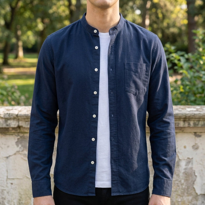 Men's Cotton Blend Band Collar Button-Up Shirt in Tailored Fit