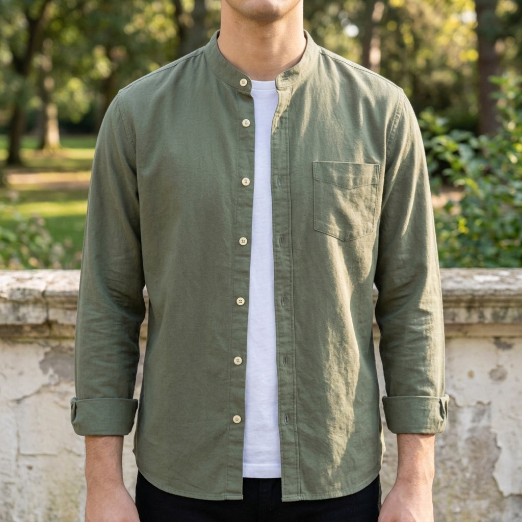 Men's Cotton Blend Band Collar Button-Up Shirt in Tailored Fit