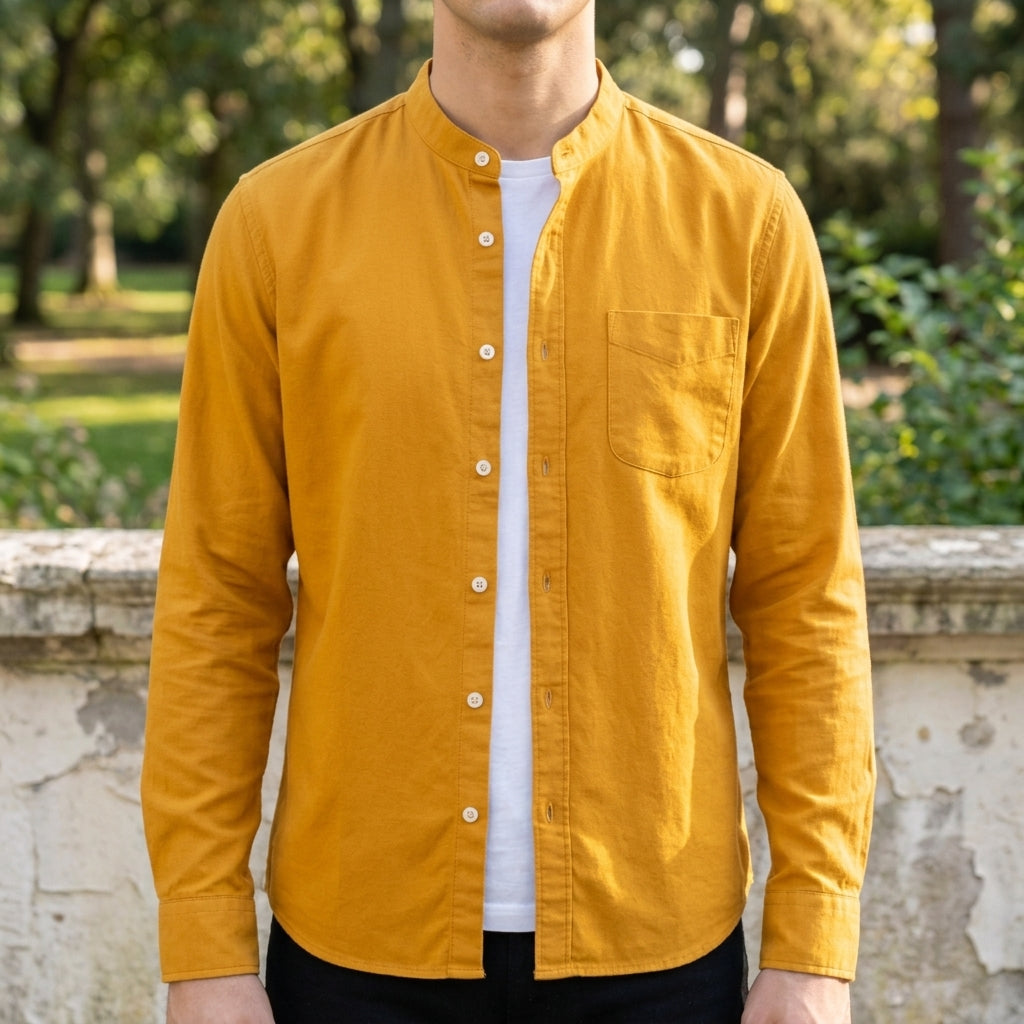 Men's Cotton Blend Band Collar Button-Up Shirt in Tailored Fit