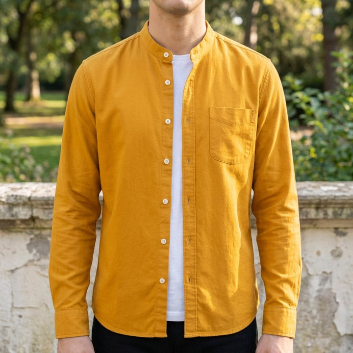 Men's Cotton Blend Band Collar Button-Up Shirt in Tailored Fit