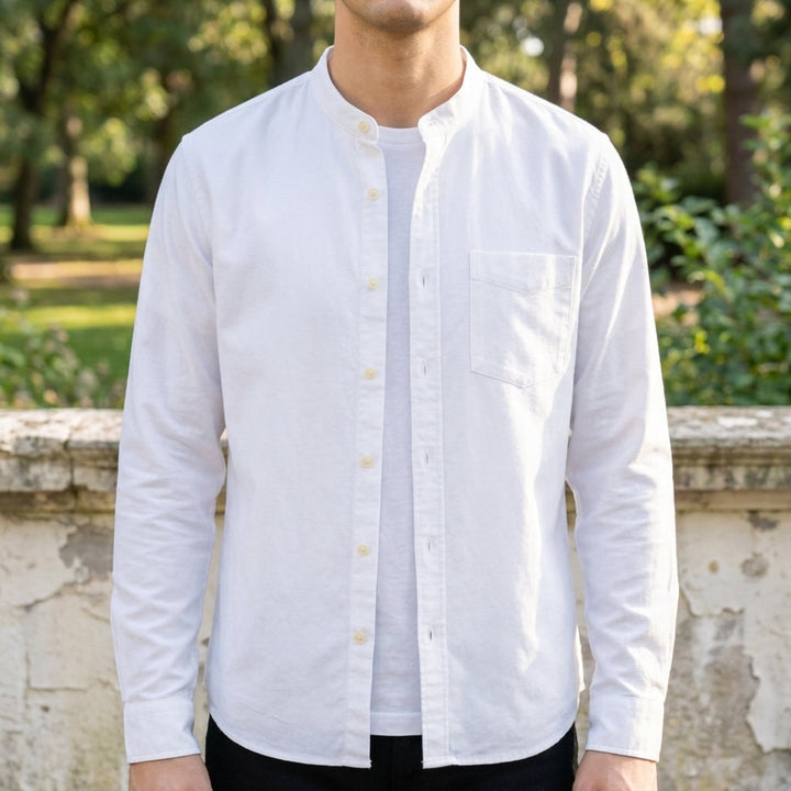 Men's Cotton Blend Band Collar Button-Up Shirt in Tailored Fit
