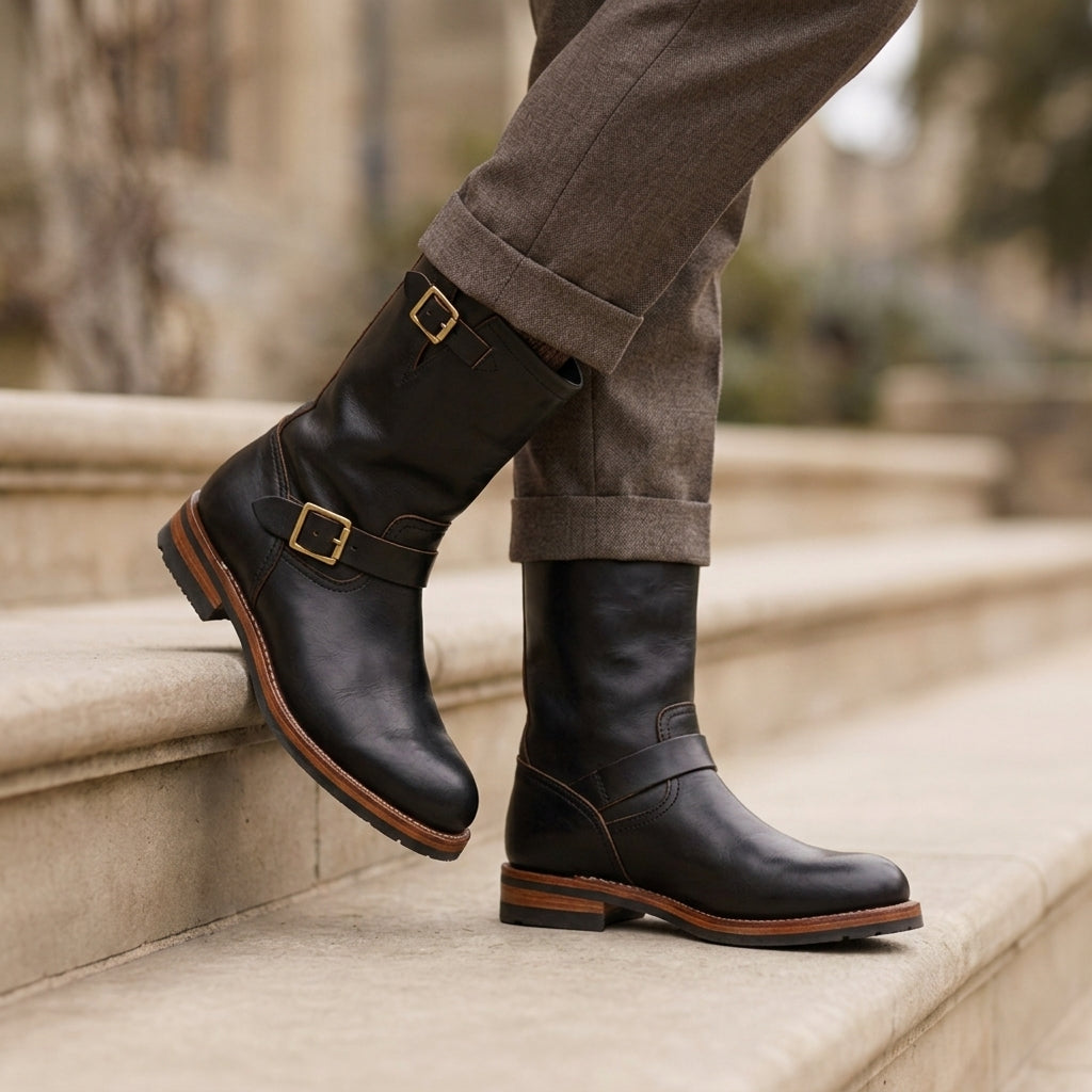 Men's Engineer Boots with Buckle Straps