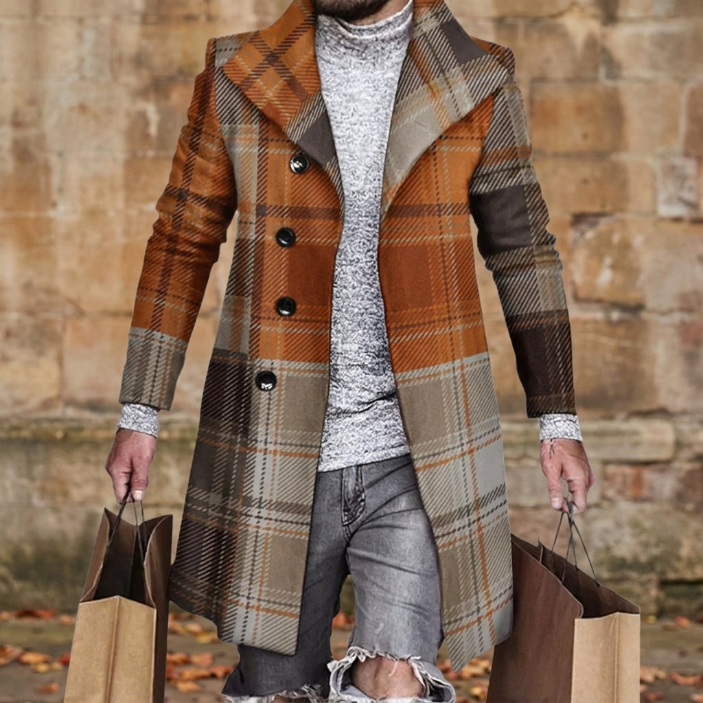 Men's Wool Blend Plaid Overcoat with Double-Breasted Closure