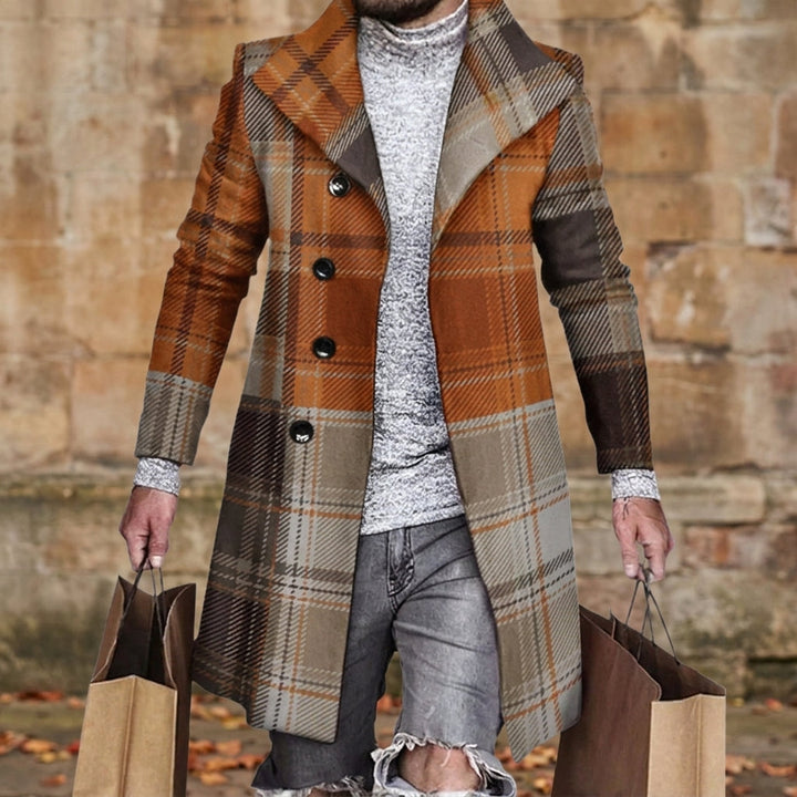Men's Wool Blend Plaid Overcoat with Double-Breasted Closure