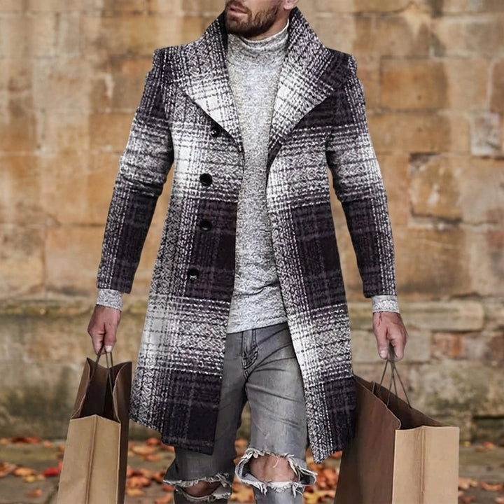 Men's Wool Blend Plaid Overcoat with Double-Breasted Closure