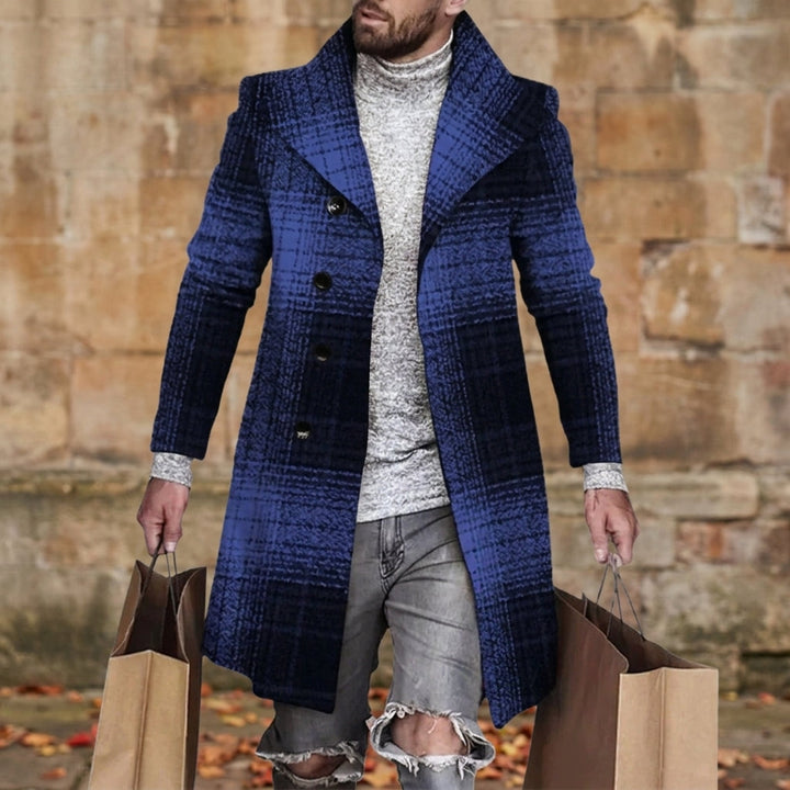 Men's Wool Blend Plaid Overcoat with Double-Breasted Closure