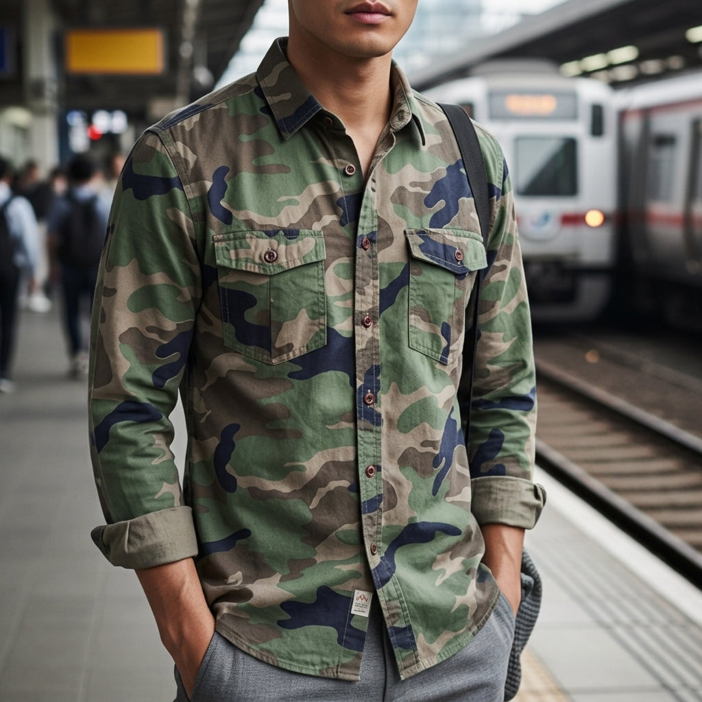 Men's Camo Button-Front Shirt with Chest Pockets
