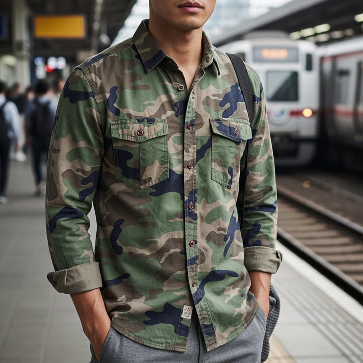 Men's Camo Button-Front Shirt with Chest Pockets