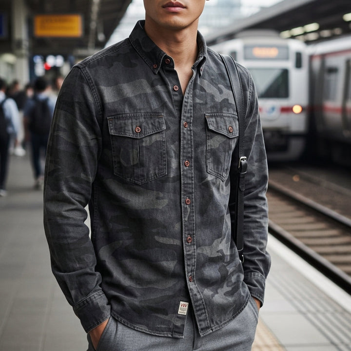 Men's Camo Button-Front Shirt with Chest Pockets