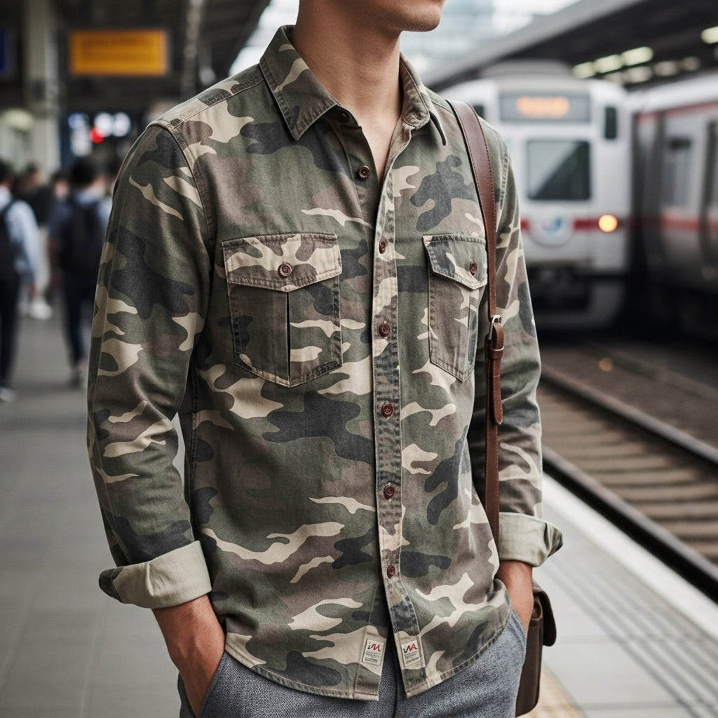 Men's Camo Button-Front Shirt with Chest Pockets