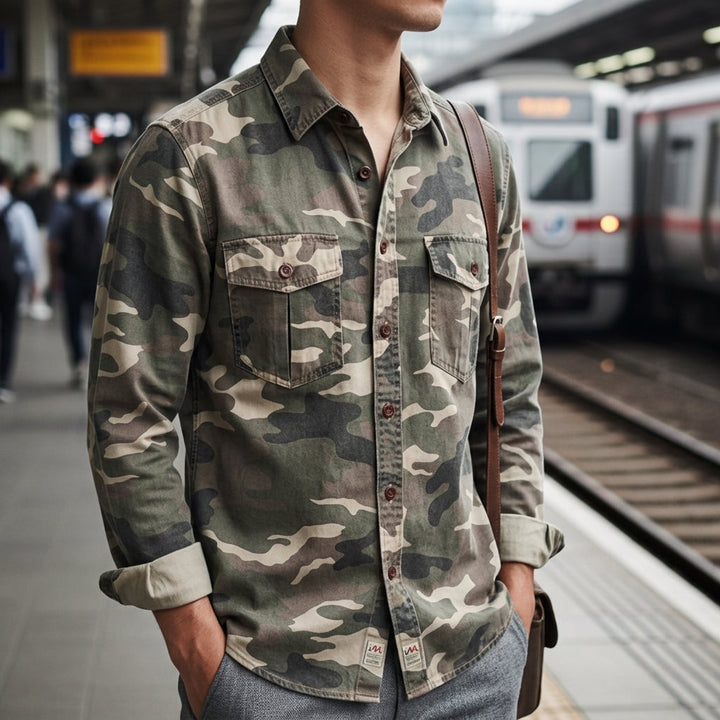 Men's Camo Button-Front Shirt with Chest Pockets