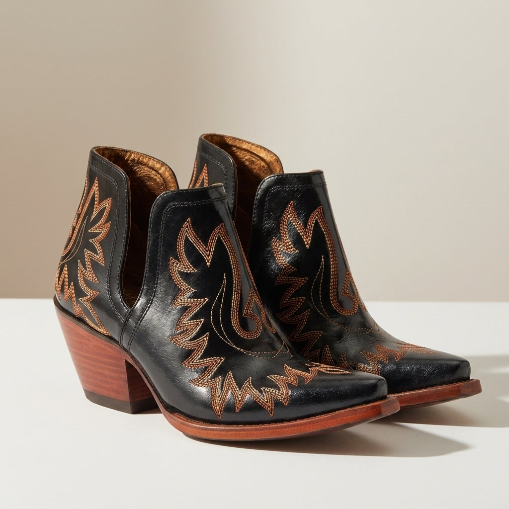 Women's Embroidered Western Ankle Boots with Pointed Toe