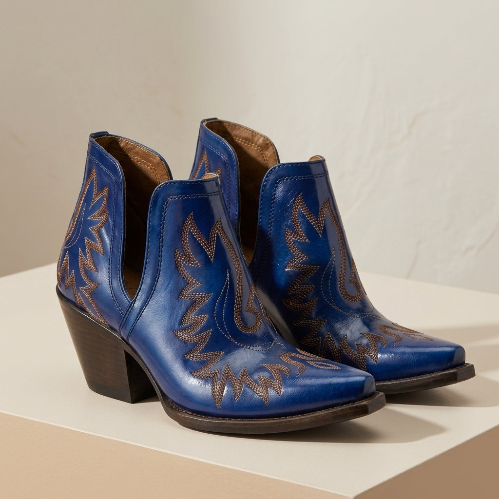 Women's Embroidered Western Ankle Boots with Pointed Toe