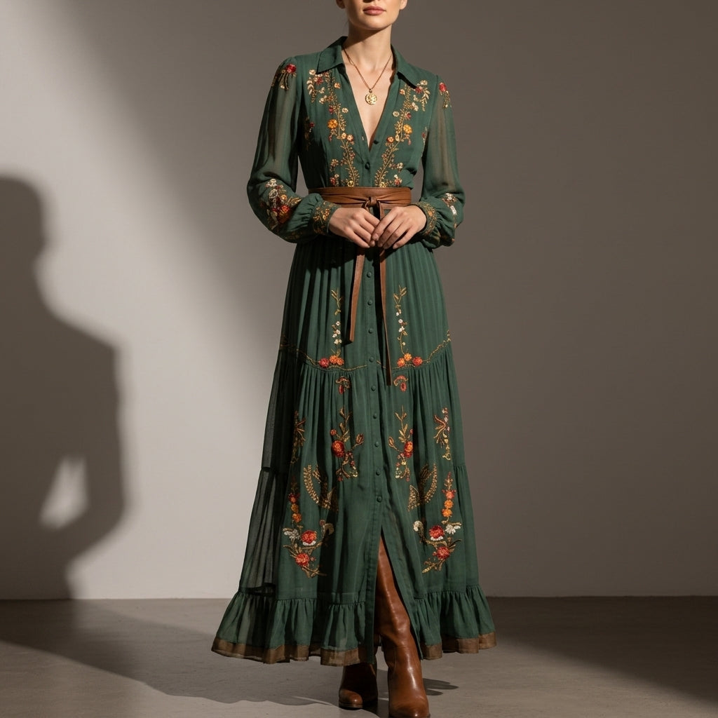 Women's Embroidered Boho Maxi Dress with Button Front