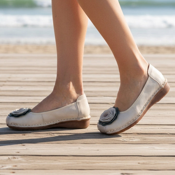 Women's Leather Slip-On Loafers with Floral Appliqué