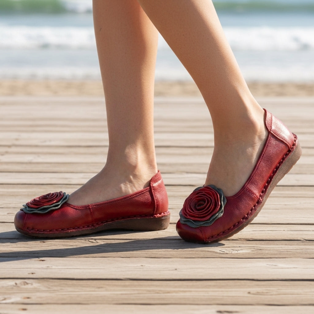 Women's Leather Slip-On Loafers with Floral Appliqué