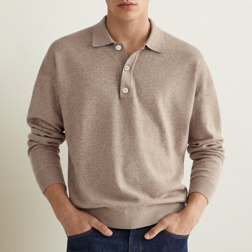 Men's Knit Polo Sweater with Ribbed Cuffs in Classic Fit