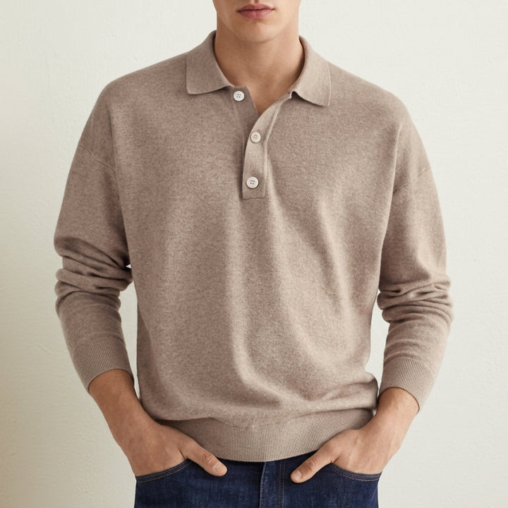 Men's Knit Polo Sweater with Ribbed Cuffs in Classic Fit