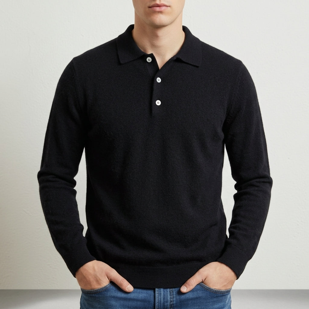 Men's Knit Polo Sweater with Ribbed Cuffs in Classic Fit