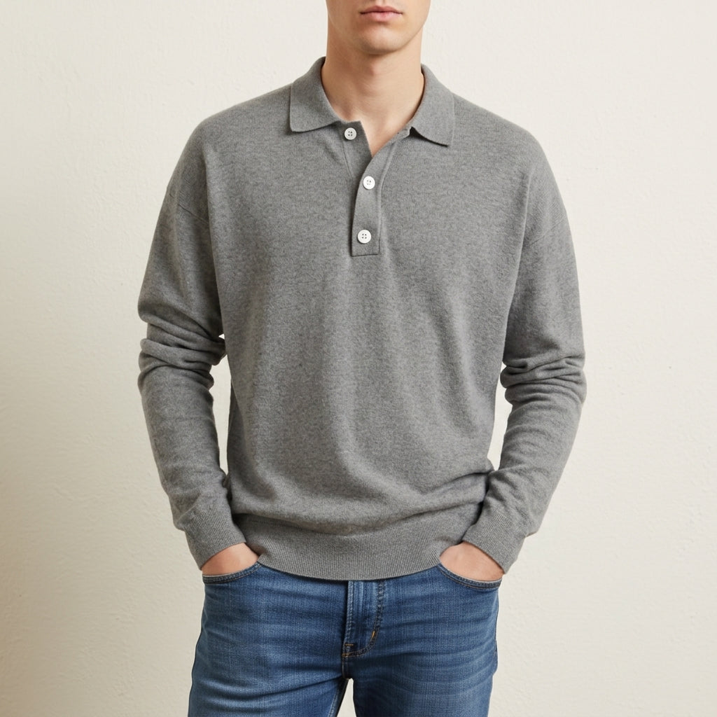 Men's Knit Polo Sweater with Ribbed Cuffs in Classic Fit