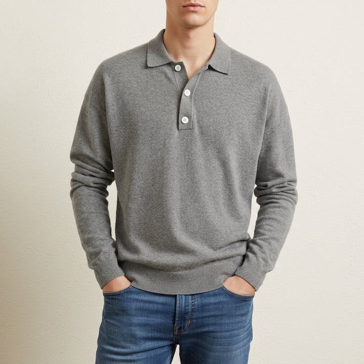 Men's Knit Polo Sweater with Ribbed Cuffs in Classic Fit