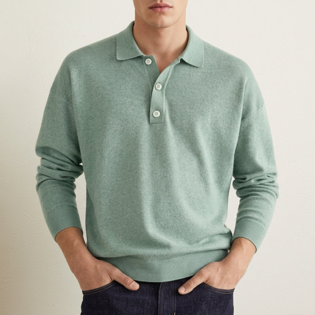 Men's Knit Polo Sweater with Ribbed Cuffs in Classic Fit