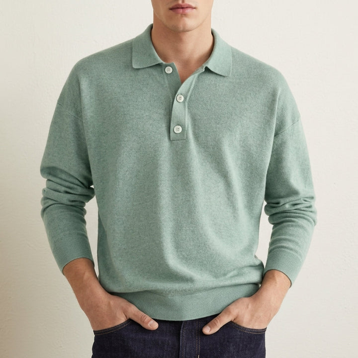 Men's Knit Polo Sweater with Ribbed Cuffs in Classic Fit
