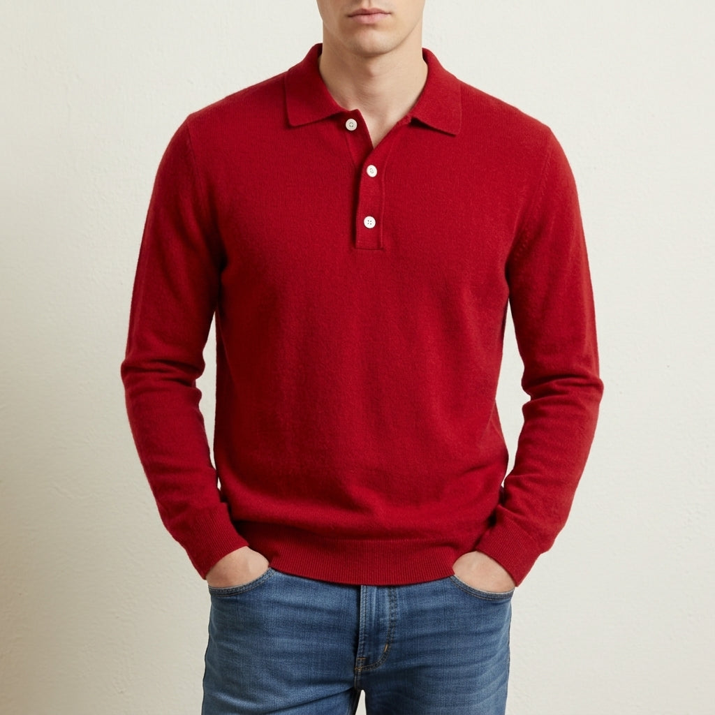 Men's Knit Polo Sweater with Ribbed Cuffs in Classic Fit