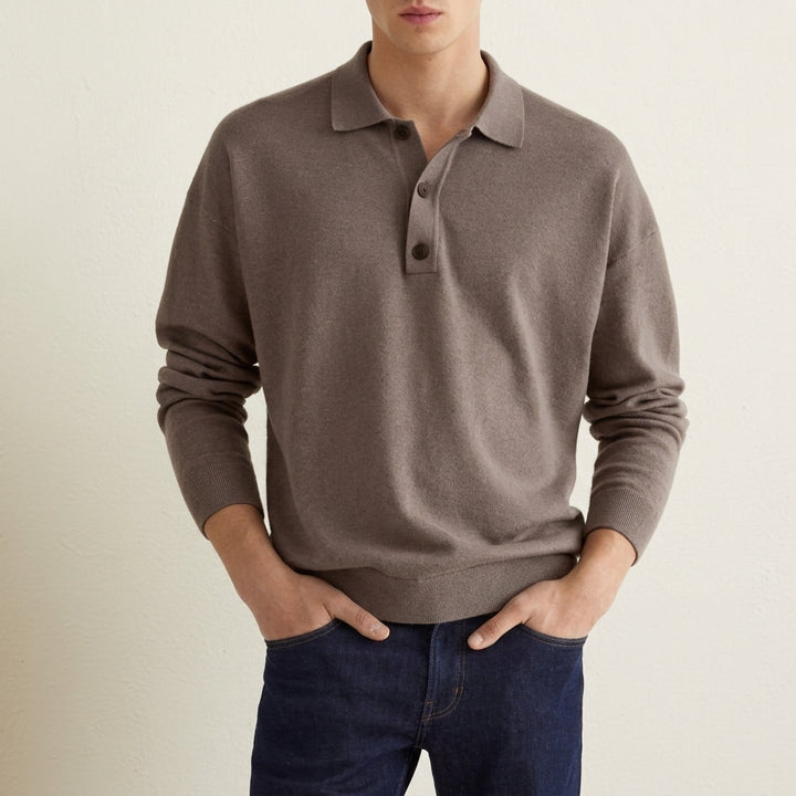 Men's Knit Polo Sweater with Ribbed Cuffs in Classic Fit