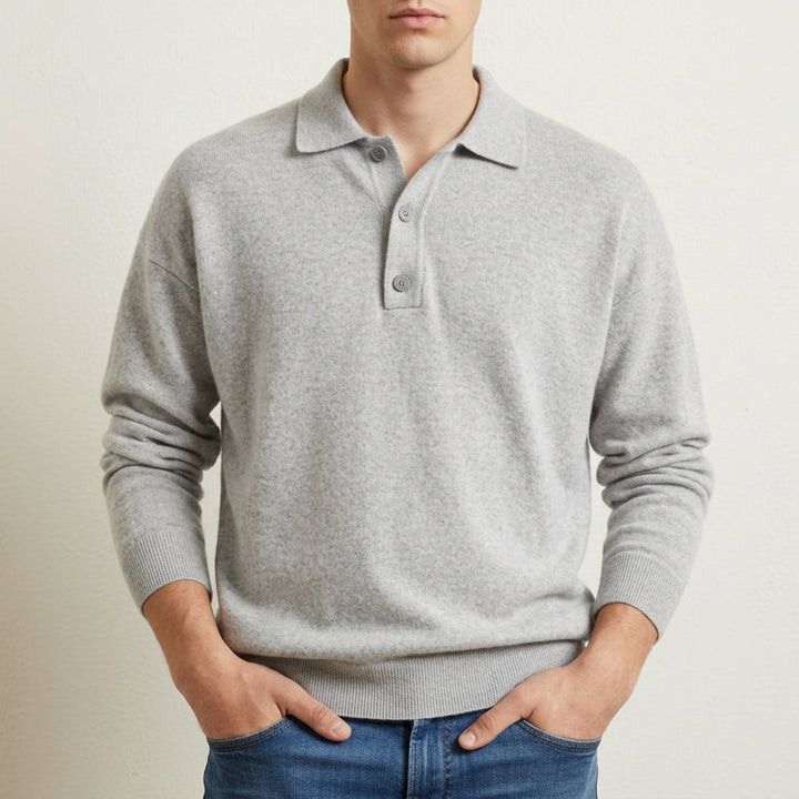 Men's Knit Polo Sweater with Ribbed Cuffs in Classic Fit