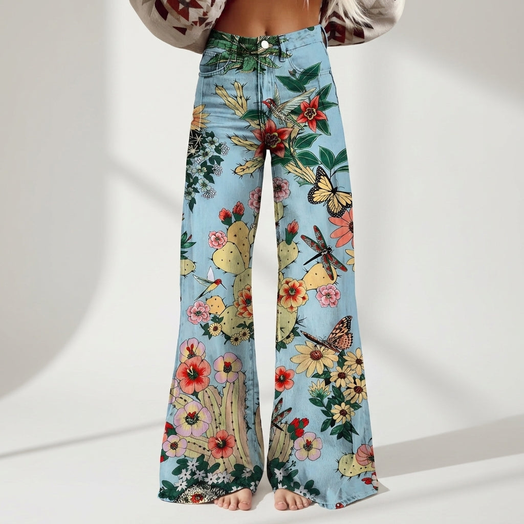 Women's Floral Leopard Print High-Waist Wide-Leg Jeans