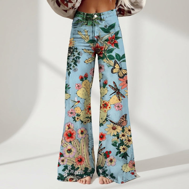 Women's Floral Leopard Print High-Waist Wide-Leg Jeans