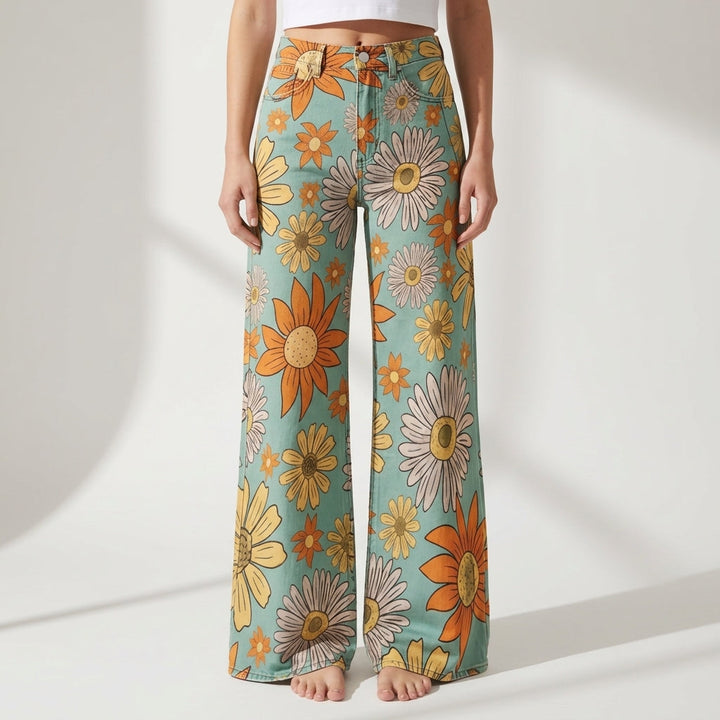 Women's Floral Leopard Print High-Waist Wide-Leg Jeans