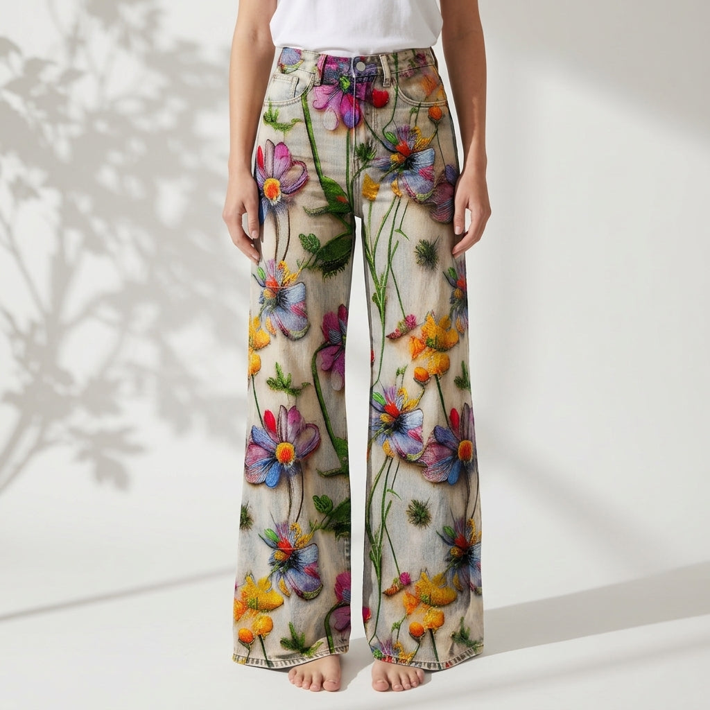 Women's Floral Leopard Print High-Waist Wide-Leg Jeans