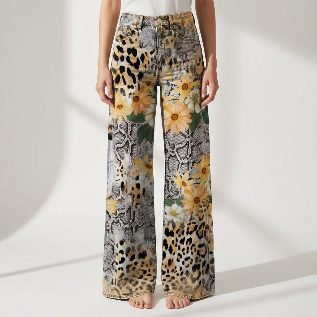 Women's Floral Leopard Print High-Waist Wide-Leg Jeans