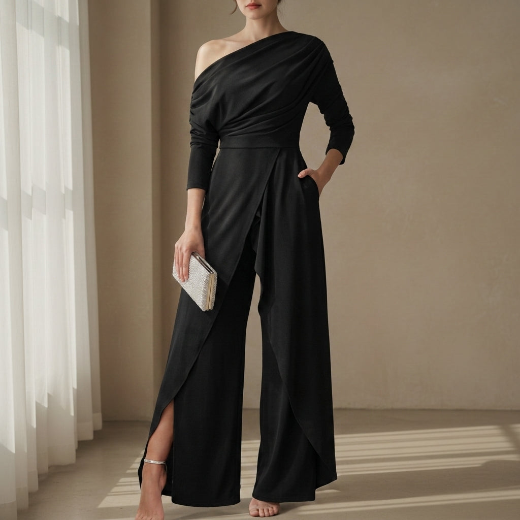 Women's One-Shoulder Wide-Leg Jumpsuit with Draped Design