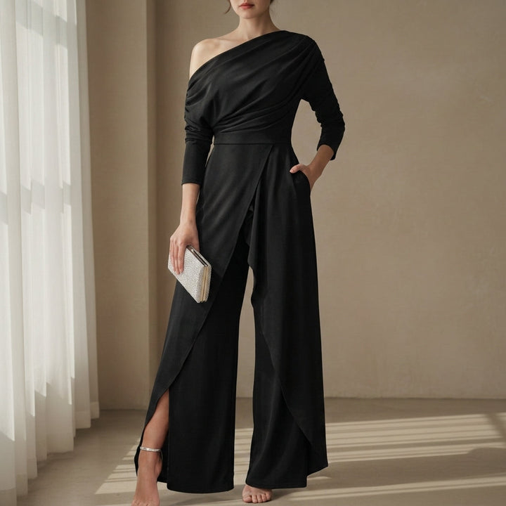 Women's One-Shoulder Wide-Leg Jumpsuit with Draped Design