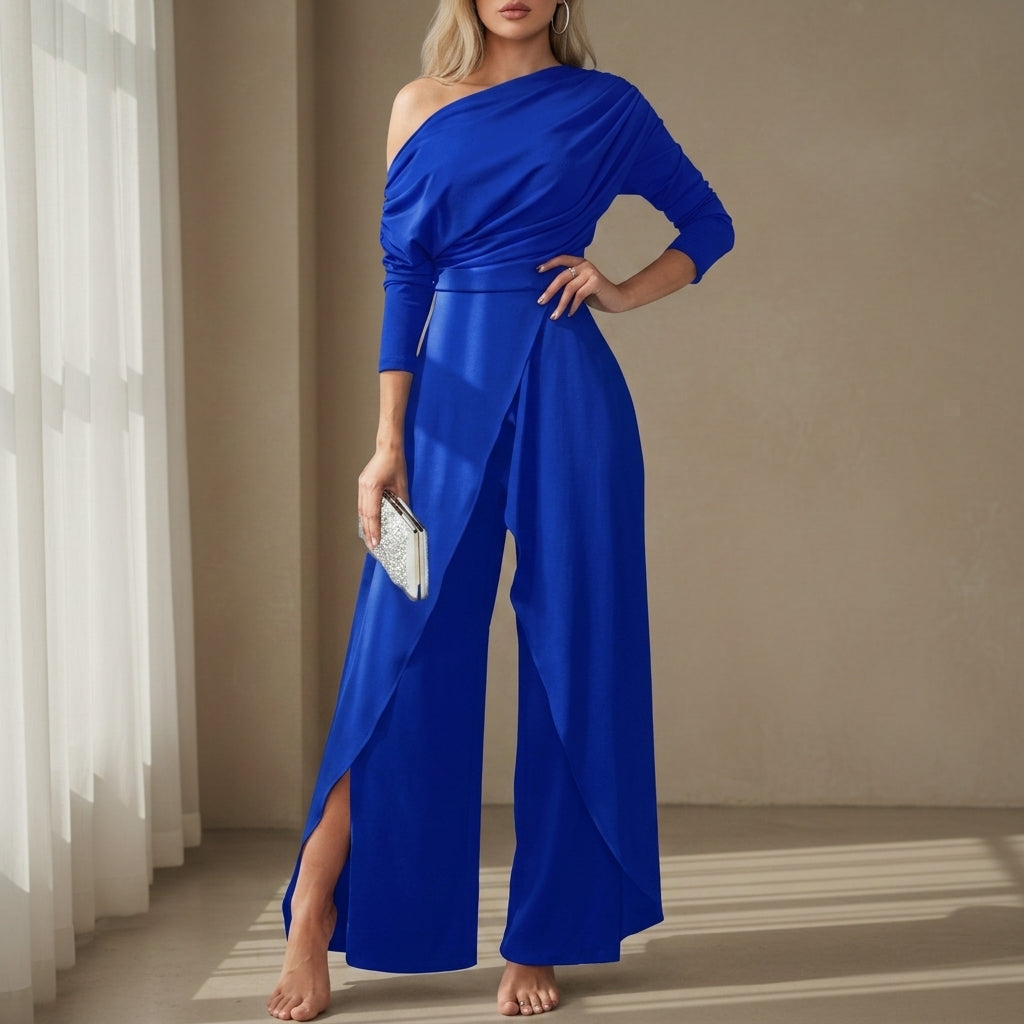 Women's One-Shoulder Wide-Leg Jumpsuit with Draped Design