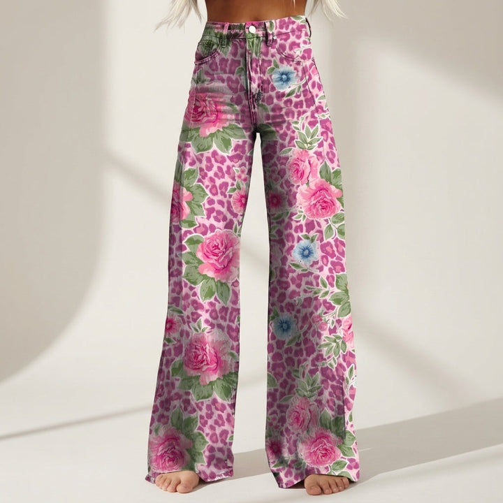 Women's Floral Leopard Print High-Waist Wide-Leg Jeans