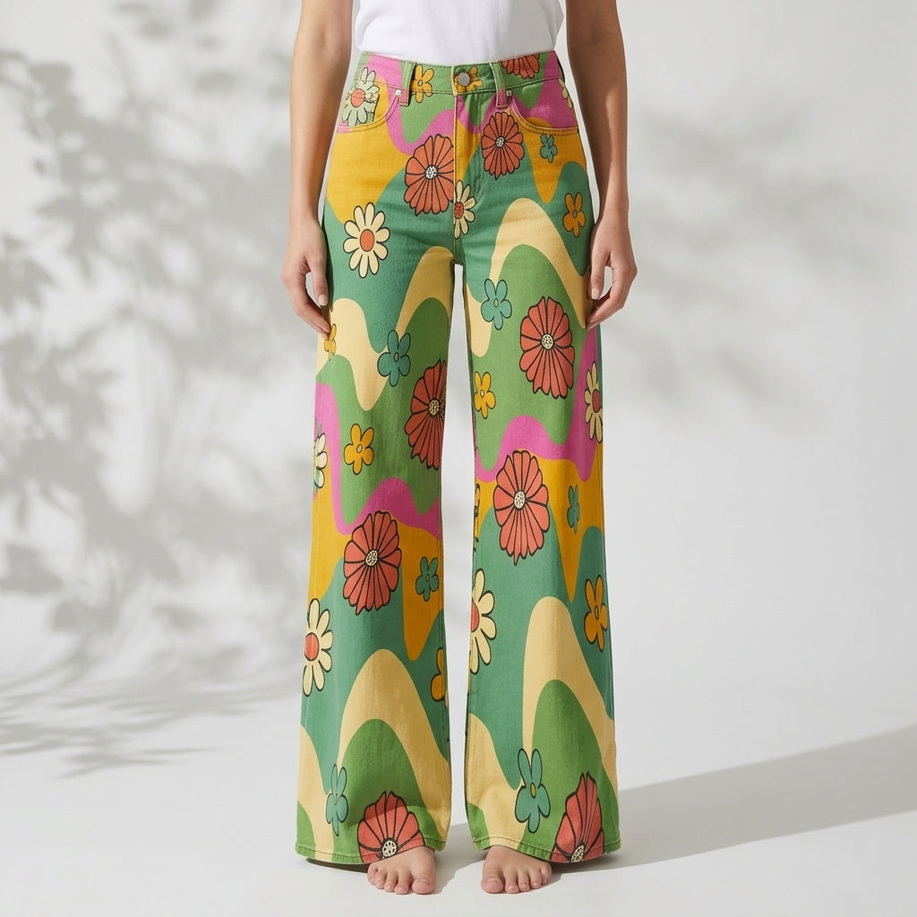 Women's Floral Leopard Print High-Waist Wide-Leg Jeans