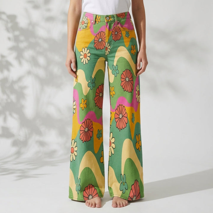 Women's Floral Leopard Print High-Waist Wide-Leg Jeans