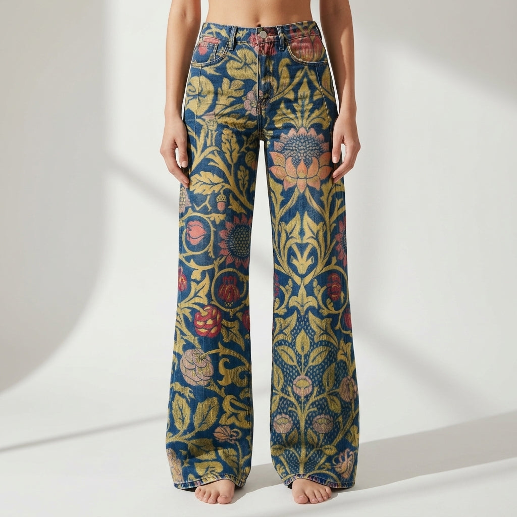 Women's Floral Leopard Print High-Waist Wide-Leg Jeans