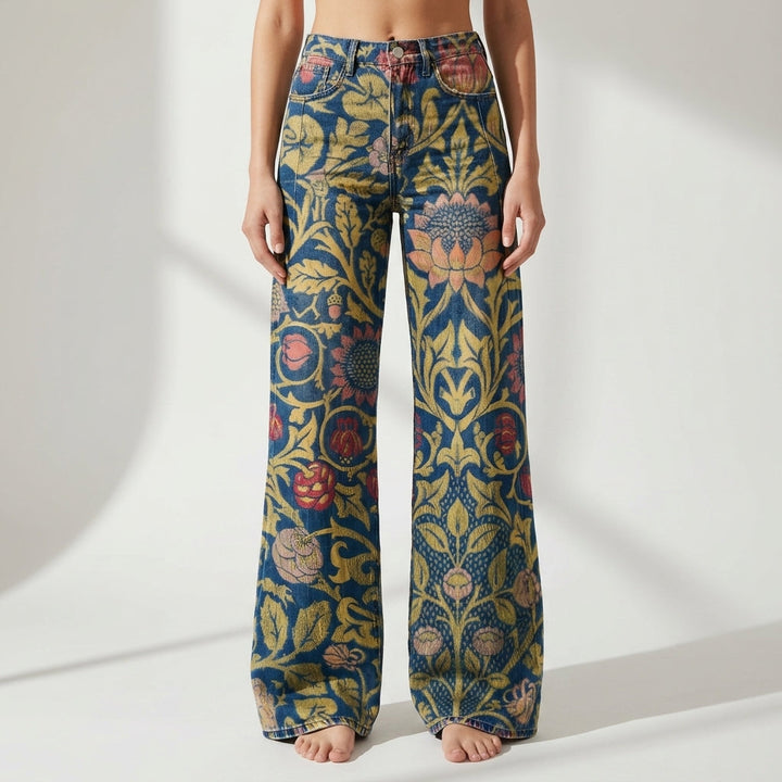 Women's Floral Leopard Print High-Waist Wide-Leg Jeans